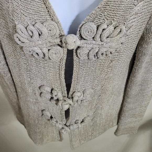 Coldwater Creek Tan Shimmer Cardigan Sweater Soutache Chunky Closure Golden Sz S - Picture 4 of 6
